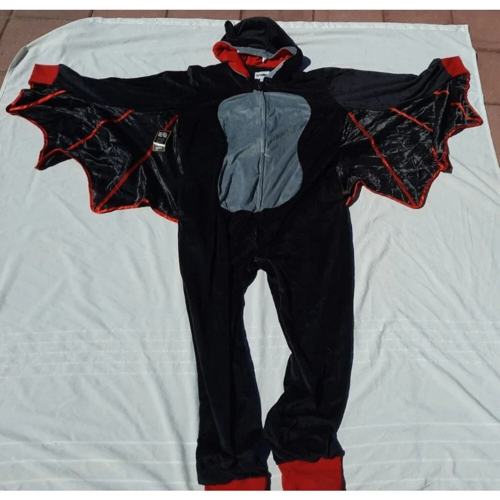 Tipsy Elves Bat Costume One Piece Full Zip XL Red Black Gray Hooded Batwings